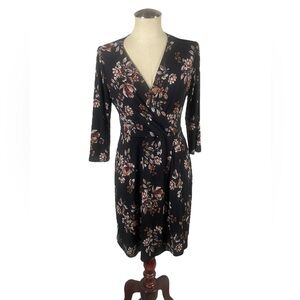 Hail3y:23 Women Faux Wrap Black Dress Floral Pattern 3/4 Sleeve Size L